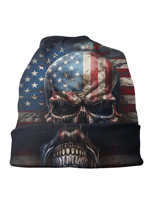 Punk Creative Skull & American Flag Print Beanie Hat, Casual Trendy Beanie Hat, Fashion Accessories for Men & Women for Daily Wear