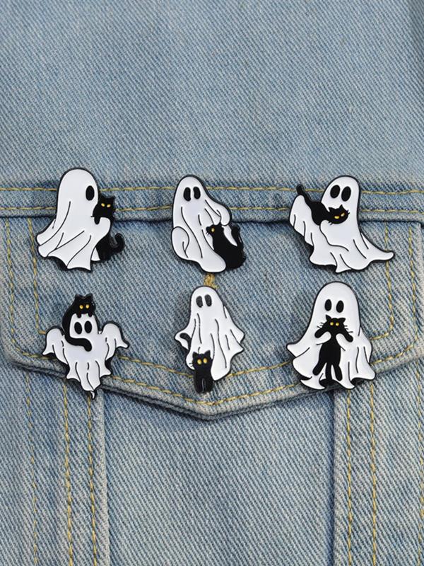 Cute Cartoon Ghost & Cat Design Brooch, Alloy Pins Accessories for Daily Holiday Party Gift, Enamel Pin for Backpacks