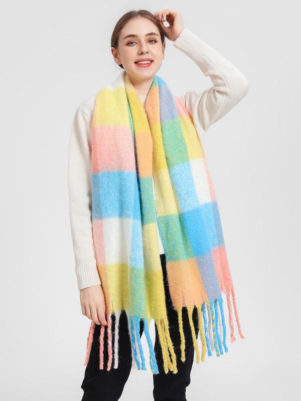 Simple Casual Plaid Print Tassel Decor Scarf, Fashionable Long Shawl, Fashion Shawl for Daily Clothing Decor, Soft and Comfortable Warm Scarf for Fall & Winter