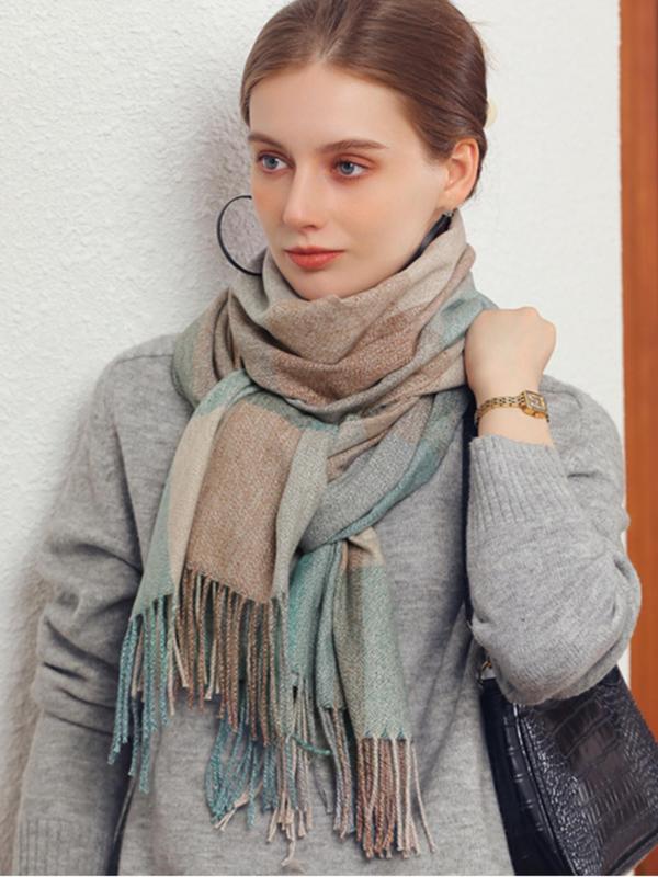 Women's Plaid Pattern Tassel Decor Scarf, Casual Soft Warm Shawl for Fall & Winter, Fashion Accessories for Women & Girls