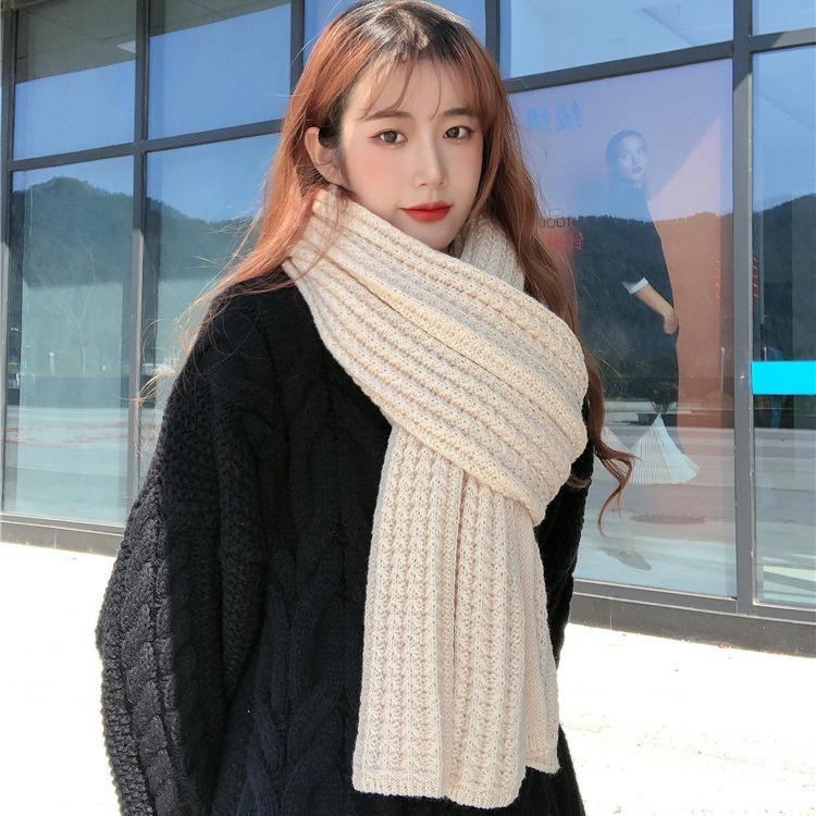 Korean Style New Fashion All-Matching Solid Color Knitted Wool Scarf for Women Autumn and Winter Thickened Warm Couple Scarf for Men