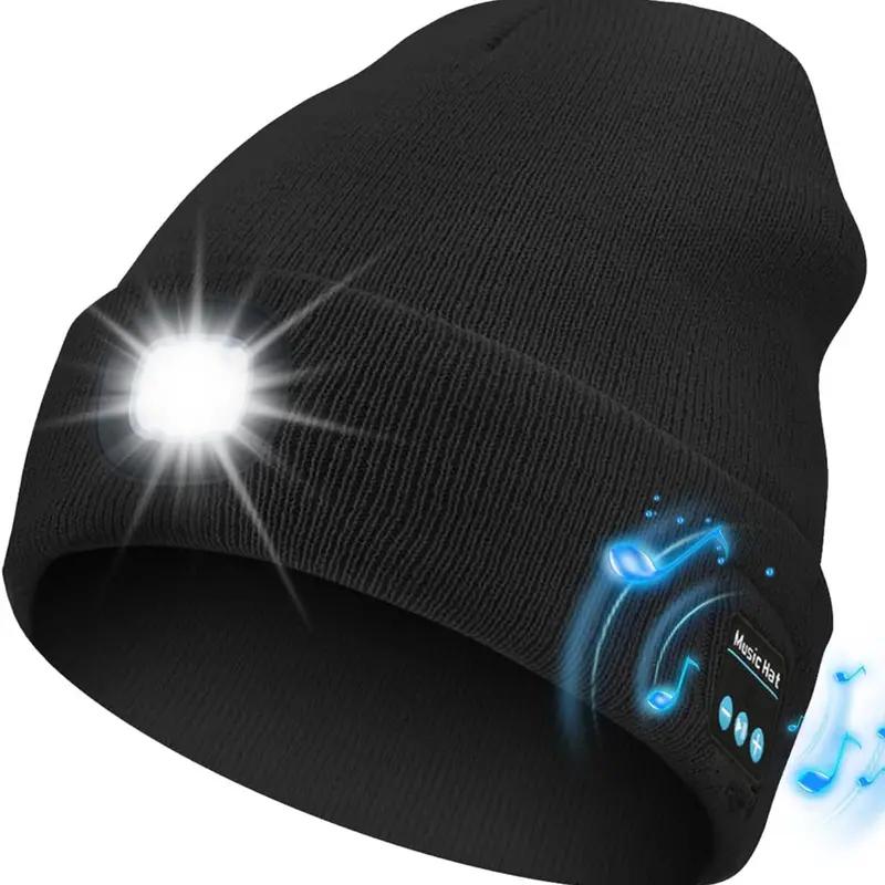 Bluetooth Beanie Hat with LED Headlight and Detachable Speaker, USB Rechargeable Knitted Warm Winter Hat Balaclava