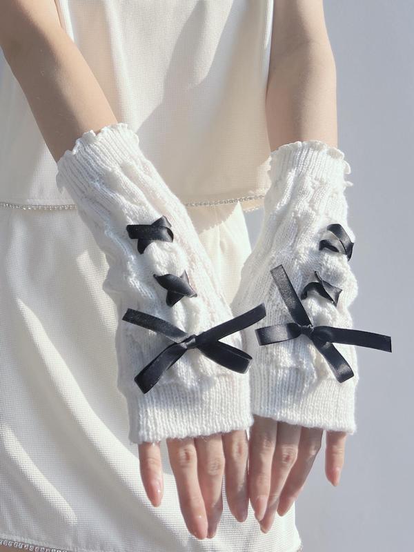 Women's Cute Colorblock Lace-up Design Fingerless Gloves, 1 Pair Fashionable Lovely Ribbon Bow Arm Sleeves for Daily Wear, Elegant Y2k Style for Women & Girls for Cosplay, Party, Outdoor Activities