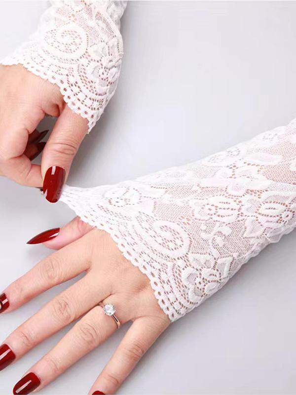 Hollow out Flower Decor Long Fingerless Gloves, 1 Pair Elegant Lace Gloves for Wedding Party, Women Wedding Bridal Accessories