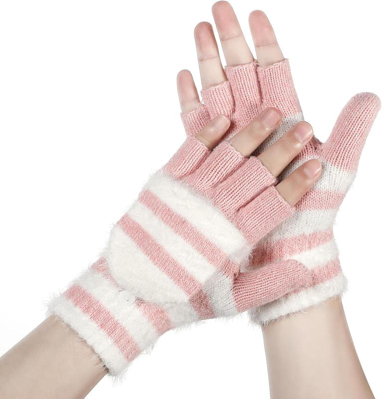 Winter Fingerless Gloves for Women, Warm Convertible Clamshell Mitten Gloves, Knitted Half Finger Flip Top Gloves Girl