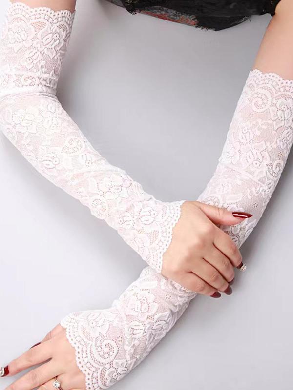 Hollow out Flower Decor Long Fingerless Gloves, 1 Pair Elegant Lace Gloves for Wedding Party, Women Wedding Bridal Accessories