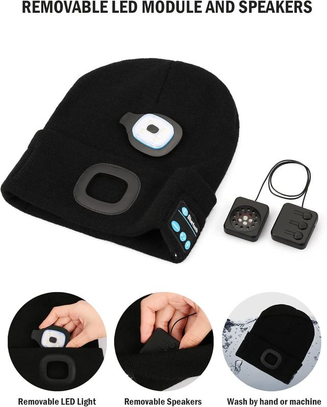 Bluetooth Beanie with a Light, Unisex USB Rechargeable 4 LED Fashlight Hat with Cordless Headphones, Unique Christmas Birthday Gifts for Men Him Husband Teen