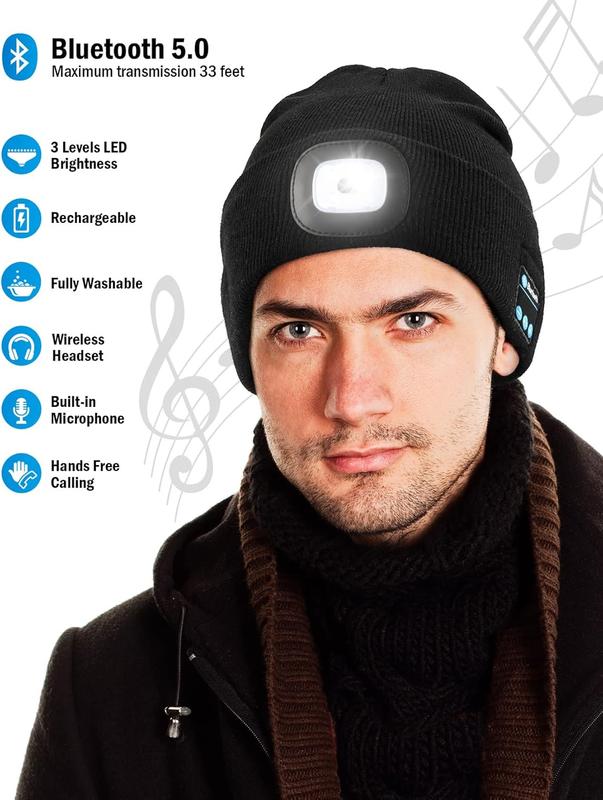 Bluetooth Beanie with a Light, Unisex USB Rechargeable 4 LED Fashlight Hat with Cordless Headphones, Unique Christmas Birthday Gifts for Men Him Husband Teen