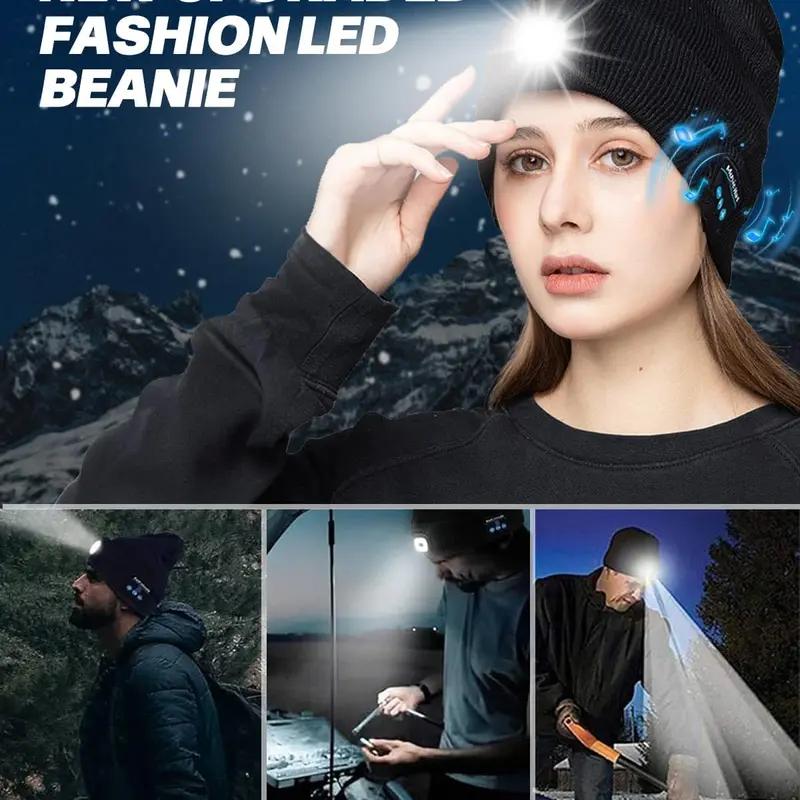 Bluetooth Beanie Hat with LED Headlight and Detachable Speaker, USB Rechargeable Knitted Warm Winter Hat Balaclava