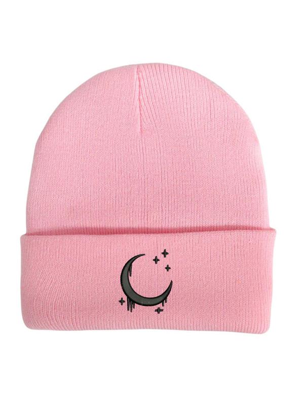 Cute Moon & Star Embroidery Beanie Hat, Casual Soft Comfortable Knit Hat for Fall & Winter, Fashion Accessories for Both Men & Women