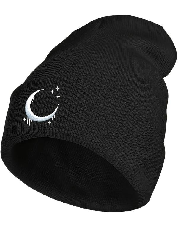 Cute Moon & Star Embroidery Beanie Hat, Casual Soft Comfortable Knit Hat for Fall & Winter, Fashion Accessories for Both Men & Women