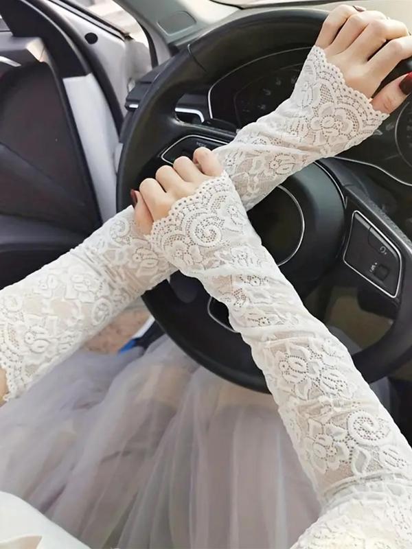 Hollow out Flower Decor Long Fingerless Gloves, 1 Pair Elegant Lace Gloves for Wedding Party, Women Wedding Bridal Accessories