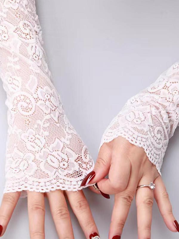 Hollow out Flower Decor Long Fingerless Gloves, 1 Pair Elegant Lace Gloves for Wedding Party, Women Wedding Bridal Accessories