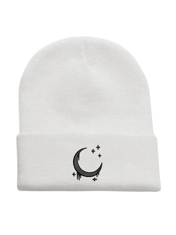 Cute Moon & Star Embroidery Beanie Hat, Casual Soft Comfortable Knit Hat for Fall & Winter, Fashion Accessories for Both Men & Women