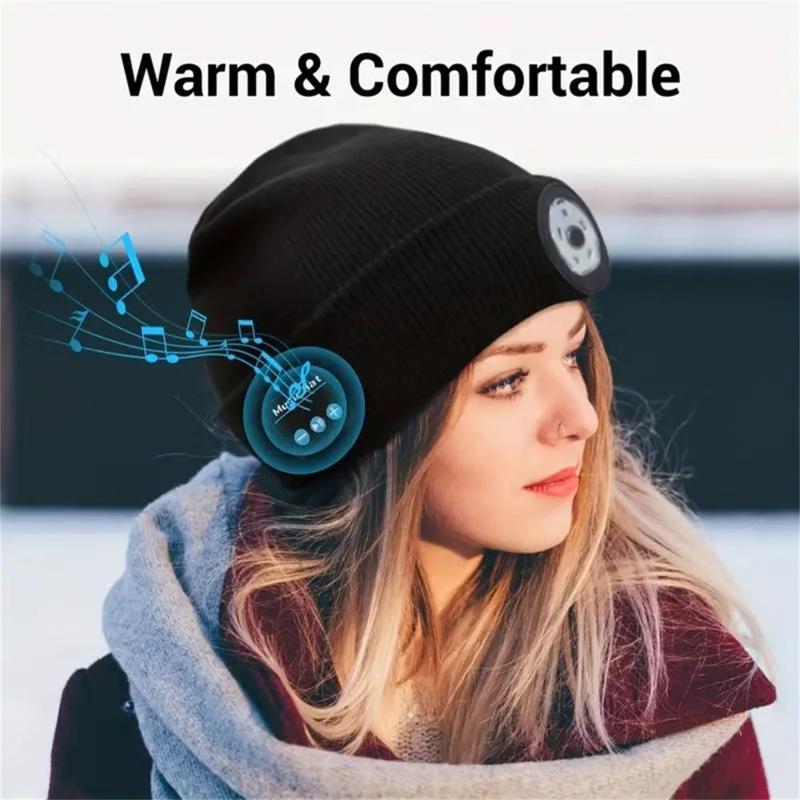 Bluetooth Beanie with Light, Musical Knit Hat with Headphones and Built-in Speaker Mic, Unisex USB Rechargeable Headlamp， Thanksgiving Christmas Gifts