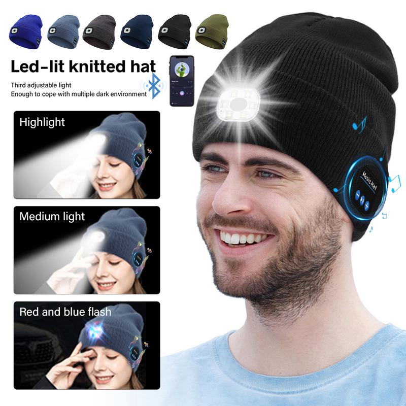 Bluetooth Beanie Hat with Light, Headlamp Cap with Headphones and Built-in Speaker Mic, Christmas Gifts for Men Women Teen