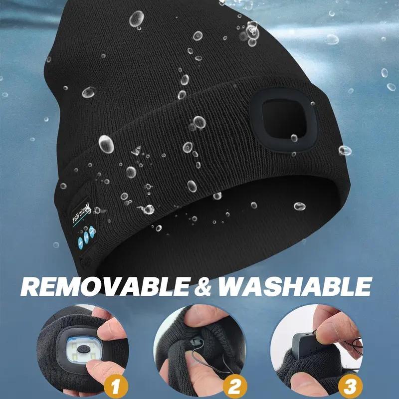 Bluetooth Beanie Hat with LED Headlight and Detachable Speaker, USB Rechargeable Knitted Warm Winter Hat Balaclava