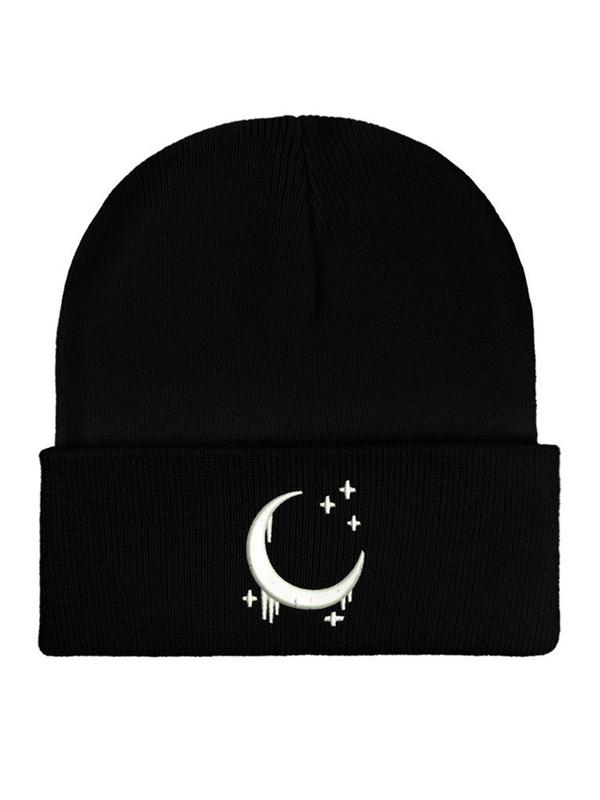 Cute Moon & Star Embroidery Beanie Hat, Casual Soft Comfortable Knit Hat for Fall & Winter, Fashion Accessories for Both Men & Women