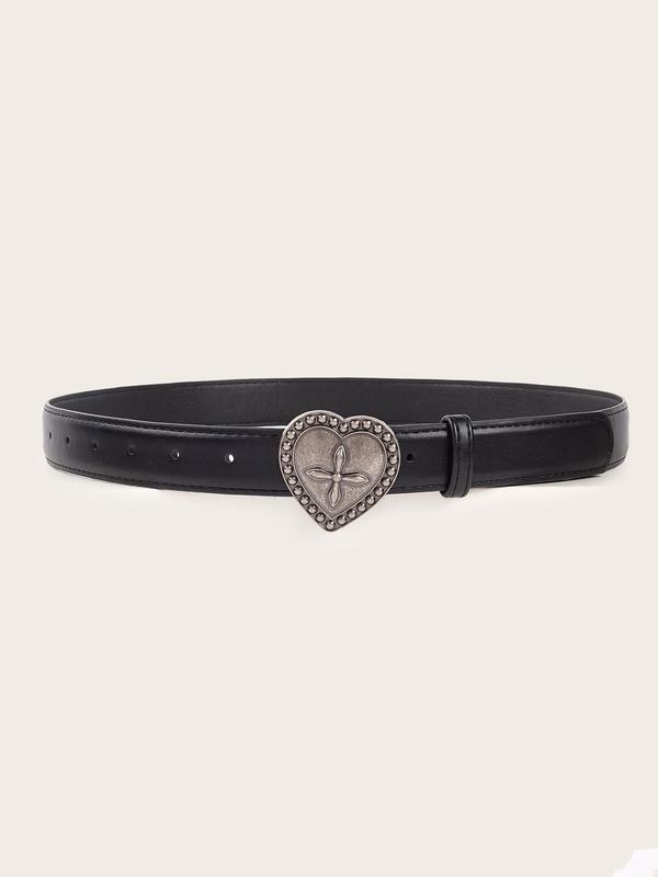 Western Heart Decor Pu Buckle Belt for Women, 2024 New Style Vintage Rivet Studded Embossed Pu Leather Belt, Gothic Jeans Pants Waistband for Matching Outfit