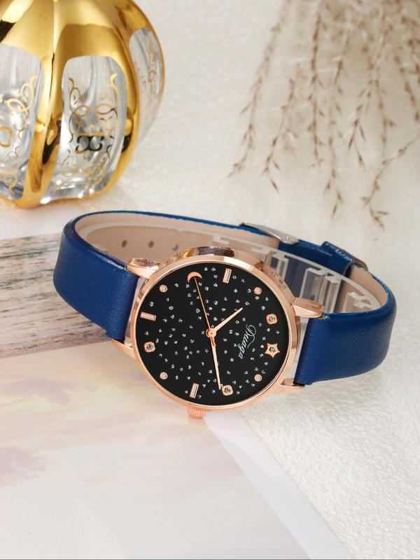 Women's Elegant Fashion Round Dial Analog Watch Set, Rhinestone & Moon & Star Decorated Watch, Trendy All-match & Exquisite Watch Set for Birthday Gift