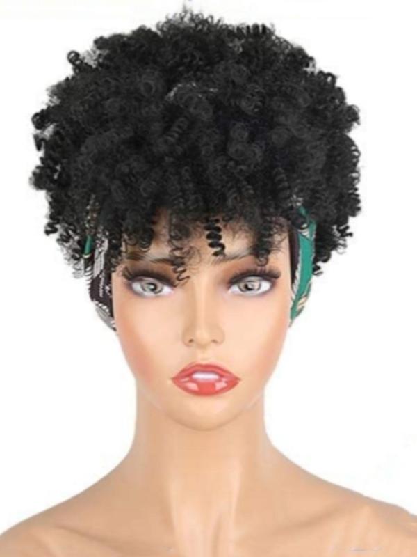 Summer 2024 Black Curly Synthetic Wig with Bangs, 12 Inch Wrap Wig with Headband Attached Scarf Wig Turban Drawstring Afro High Puff Head Wrap, Fall Outfits, Fall Freshness