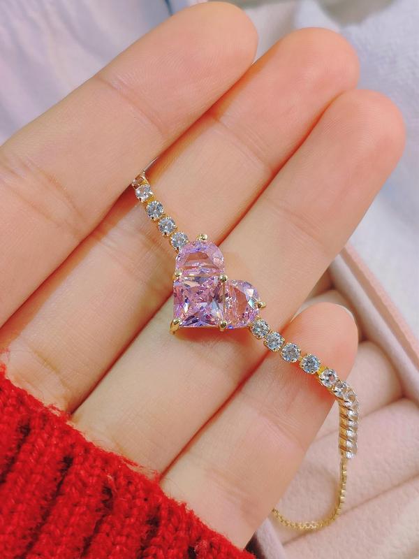 Women's Elegant Pink Heart Design Link Bracelet,  Rhinestone Decorated Trendy Bracelet, Fashionable Accessories for Women & Girls