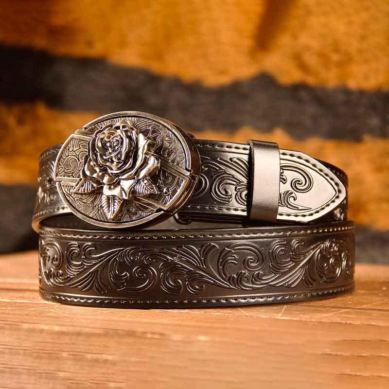 Cowboy Black Leather Printed Belt and Oval removable western cowboy cowgirl Buckle Costume Decoration