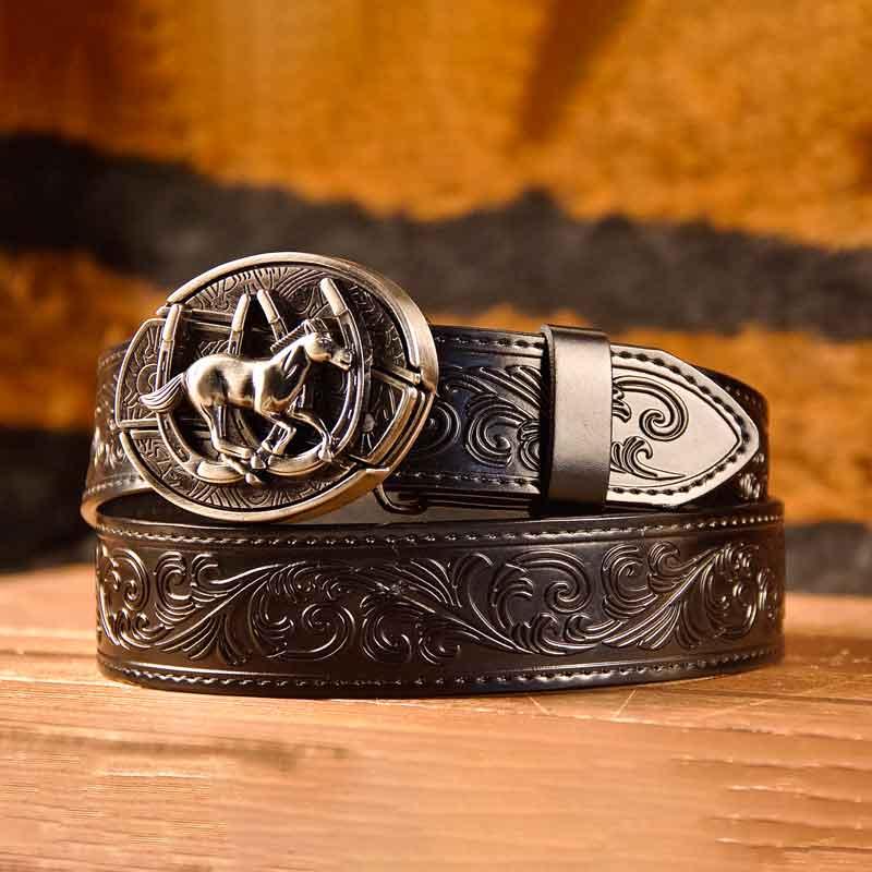 Cowboy Black Leather Printed Belt and Oval removable western cowboy cowgirl Buckle Costume Decoration