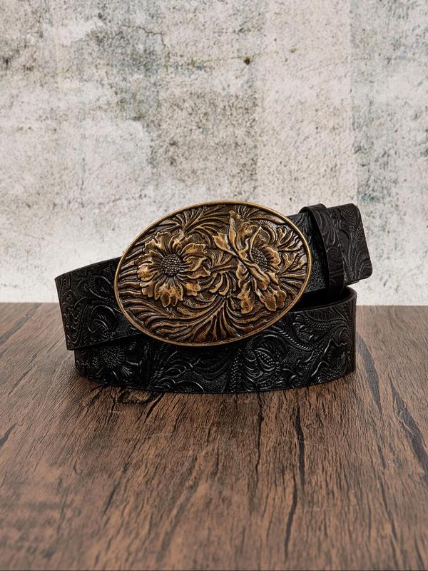 Women's Vintage Flower Embossed PU Buckle Belt, Fashionable Western Style Belt for Daily Clothing Decor, Trendy All-match & Exquisite Belt for Birthday Gift