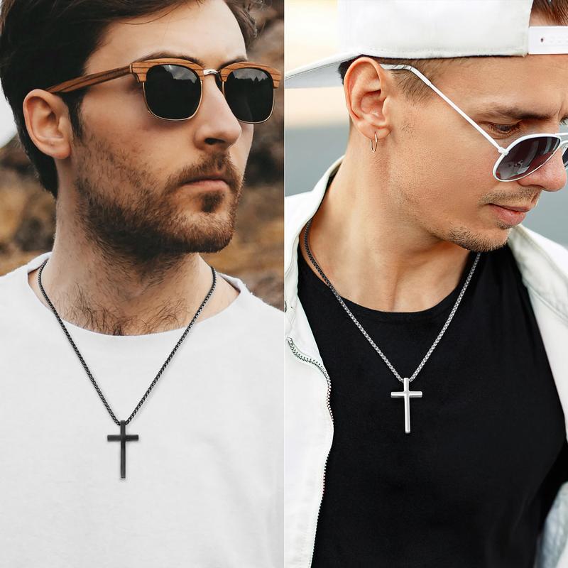 ROMASS 2 Pcs Cross Necklace for Men,Stainlesssteel Pendant Silver Black Crosses Chain Jewelry Gifts Box for 16-30 inches