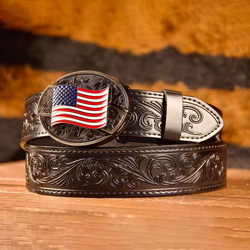 Cowboy Black Leather Printed Belt and Oval removable western cowboy cowgirl Buckle Costume Decoration