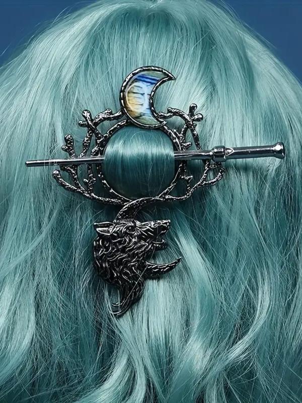 Women's Punk Style Wolf & Moon Design Hair Pin, 2024 New Trendy Vintage Hair Pin, Chic Gothic Hair Accessories for Hairstyle Decor