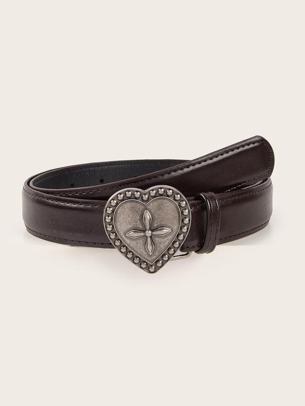 Western Heart Decor Pu Buckle Belt for Women, 2024 New Style Vintage Rivet Studded Embossed Pu Leather Belt, Gothic Jeans Pants Waistband for Matching Outfit