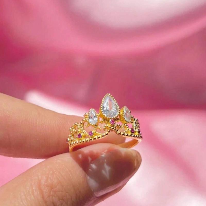 Gold Plated Rapunzel Crown Ring for Women - Adjustable Princess Wedding Jewelry Accessory