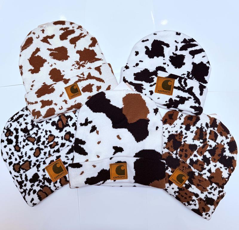 Cow Print Beanie,Winter Cow Pattern Knitted Women Cuffed Hat Warm Knit Hats Stretch Fashion Cap Cow Beanie Y2k Beanie Cow Print Beanie Cute Hat Graphic