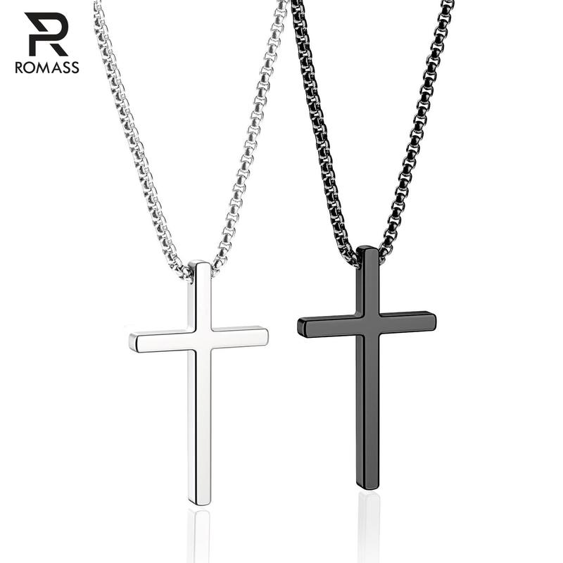 ROMASS 2 Pcs Cross Necklace for Men,Stainlesssteel Pendant Silver Black Crosses Chain Jewelry Gifts Box for 16-30 inches