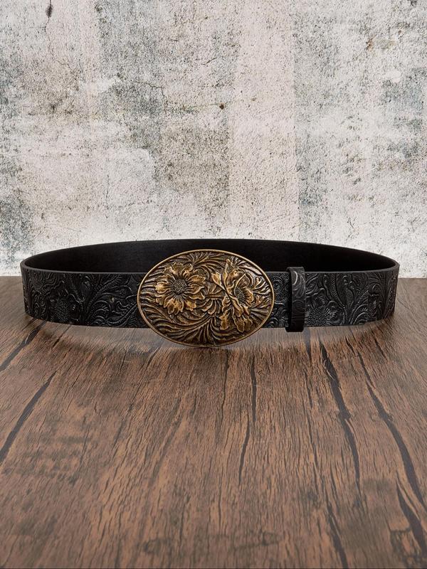 Women's Vintage Flower Embossed PU Buckle Belt, Fashionable Western Style Belt for Daily Clothing Decor, Trendy All-match & Exquisite Belt for Birthday Gift