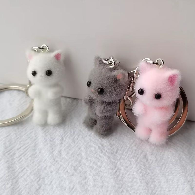 Cute Cat Design Plush Keychain, Mini 3D Flocking Cat Keychain for Phone, Backpack, Purse & School Bag Decor, Ideal Birthday Gift