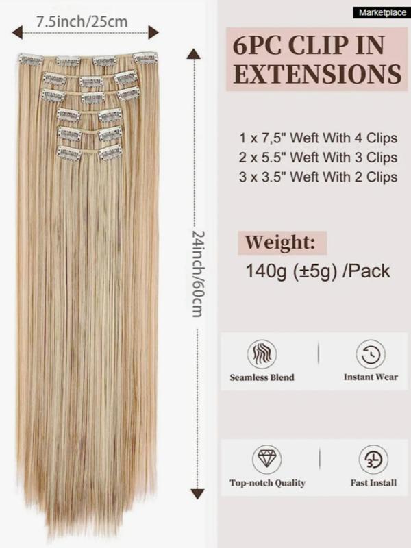 24 Inch Straight Hair Piece (6pcs), Heat Resistant Synthetic Hair Extension, Clip-in Hair Extensions for Women