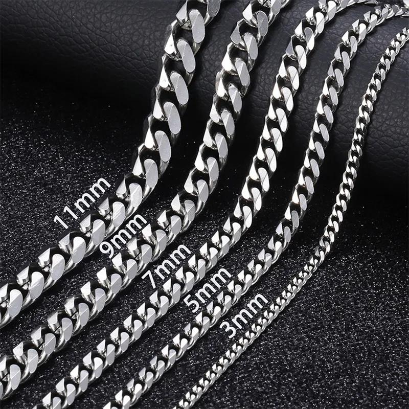 3 5 7 9 11mm Stainless Steel Silver Color Cuban Curb Chain Necklace Choker 16-30