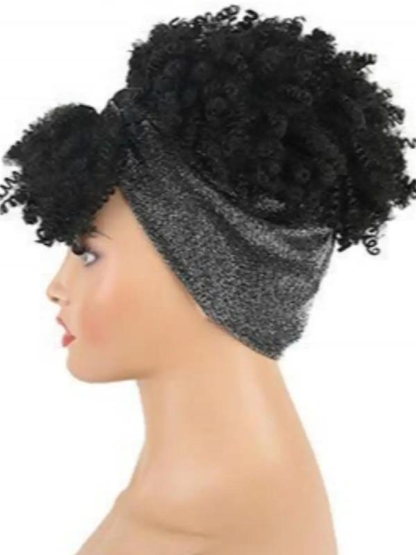 Summer 2024 Black Curly Synthetic Wig with Bangs, 12 Inch Wrap Wig with Headband Attached Scarf Wig Turban Drawstring Afro High Puff Head Wrap, Fall Outfits, Fall Freshness