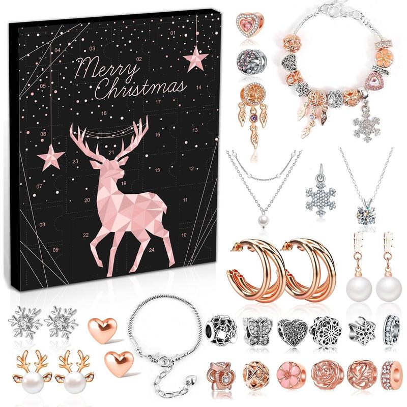 Jewelry Advent Calendar 2024 Women, Rose Gold and Silver Charm Bracelet Countdown Calendar and Earrings Necklace Rings Xmas Surprise Gifts for Wife Mom Adult