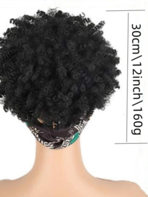 Summer 2024 Black Curly Synthetic Wig with Bangs, 12 Inch Wrap Wig with Headband Attached Scarf Wig Turban Drawstring Afro High Puff Head Wrap, Fall Outfits, Fall Freshness