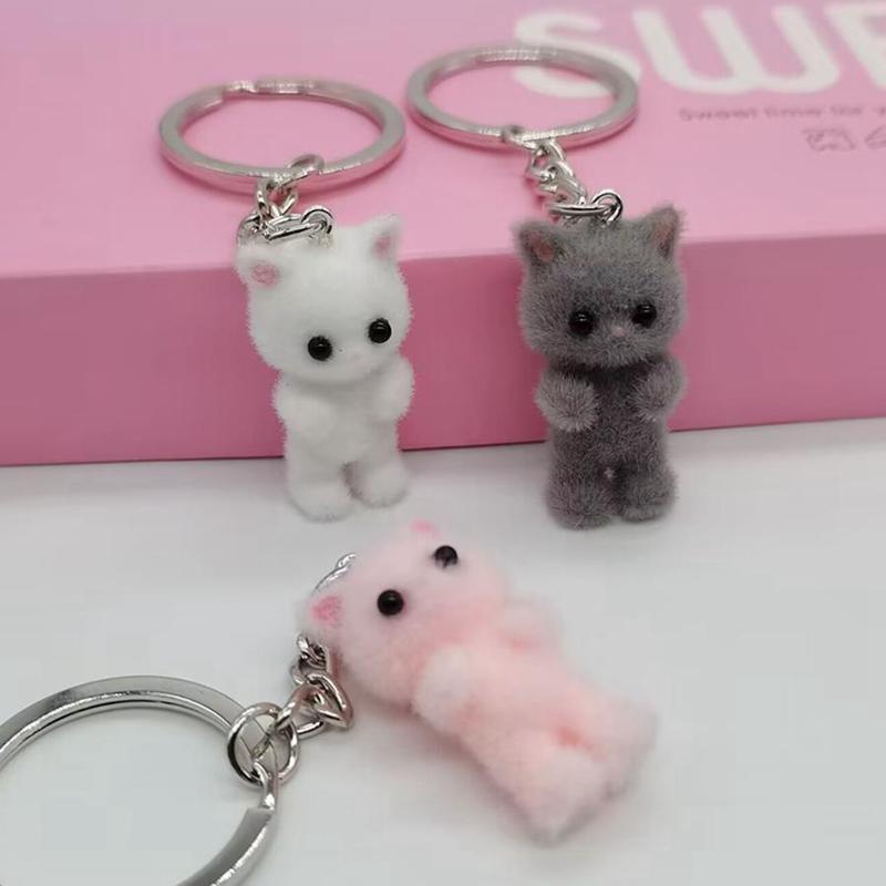 Cute Cat Design Plush Keychain, Mini 3D Flocking Cat Keychain for Phone, Backpack, Purse & School Bag Decor, Ideal Birthday Gift