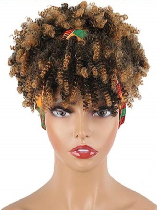 Summer 2024 Black Curly Synthetic Wig with Bangs, 12 Inch Wrap Wig with Headband Attached Scarf Wig Turban Drawstring Afro High Puff Head Wrap, Fall Outfits, Fall Freshness