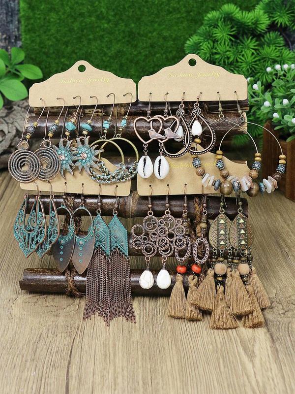 2024 Summer Boho Style Hollow Out & Leaf Design Dangle Earrings, Vintage Style Shell Design Dangle Earrings, Back To School Jewelry for Women, Fall Outfits, Fall Freshness, for Fall Fall