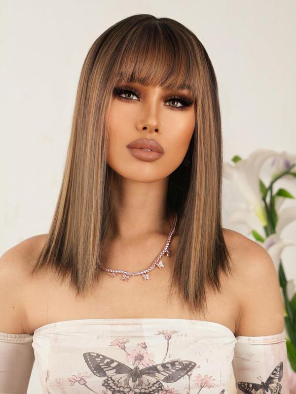 Women's 18 Inch Brown Short Straight Wigs With Bangs, Glueless Wigs, Synthetic Wigs For Party, Daily Use