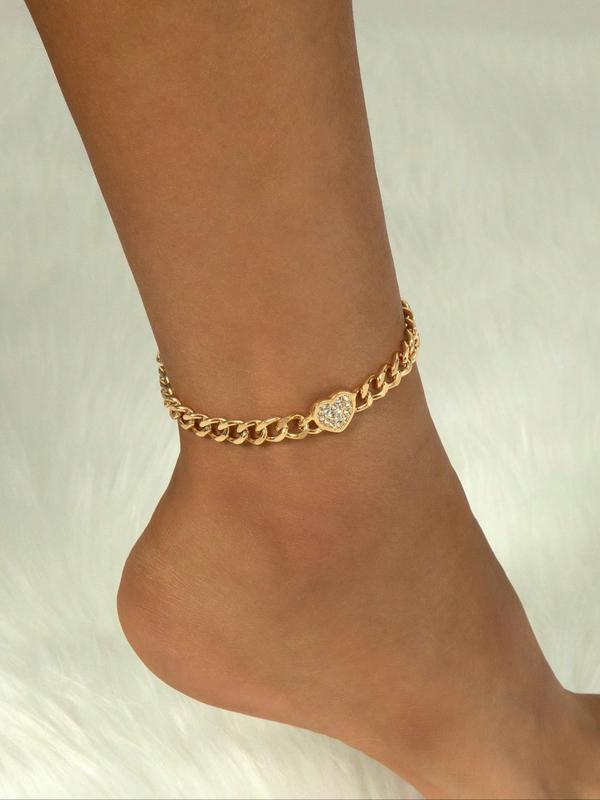 Women's Elegant Rhinestone Decorated Anklet, Fashionable Heart Design Anklet for Women & Girls, Trendy All-match & Exquisite Jewelry for Birthday Gift