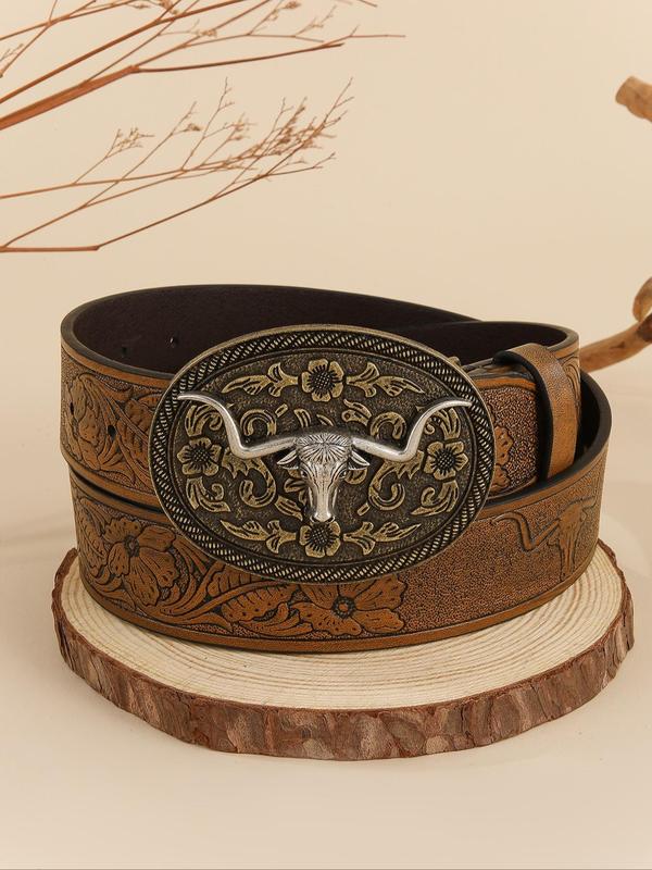 Men's Vintage Western Belt, Fashionable Cow Head Decor Belt for Party, Daily Clothing Decor, Trendy All-match & Exquisite Belt for Birthday Gift