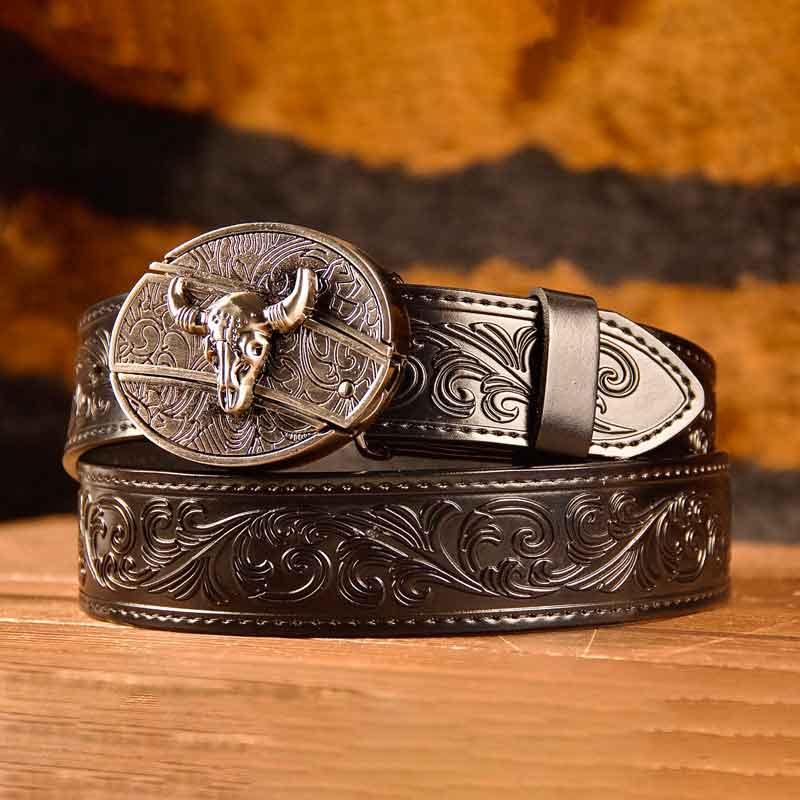 Cowboy Black Leather Printed Belt and Oval removable western cowboy cowgirl Buckle Costume Decoration